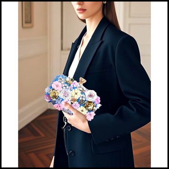 Elegant Beaded Clutch Evening Bag Satin Fabric Wedding Party Prom Purse